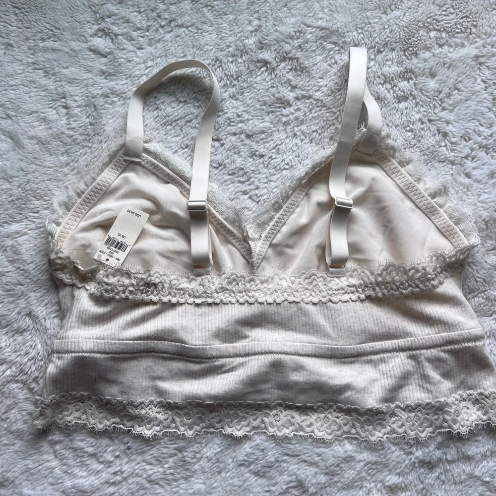 Aerie Ribbed Lace Trim Bralette Cream Wireless Longline XL 069-2694-3329 NWOT